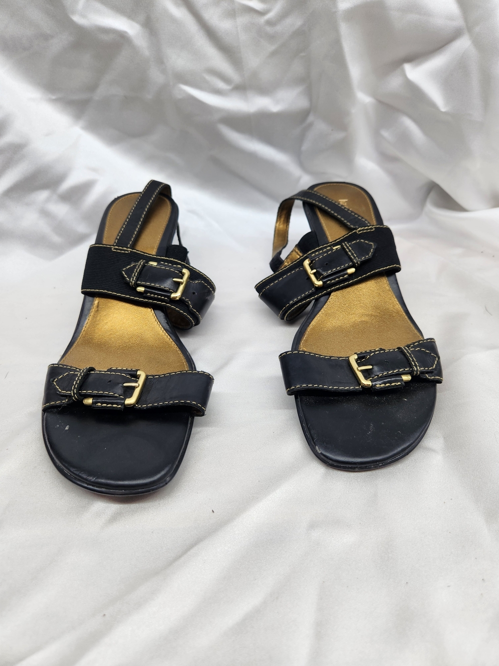 Liz Claiborne Black Sandals with Gold Footbed and Buckles